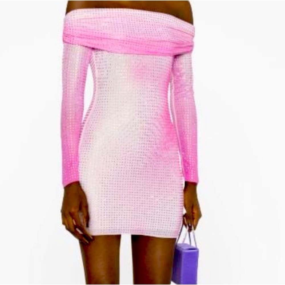 Self portrait pink crystal rhinestone embellished bodycon mini dress NWT 4